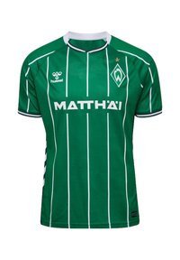Maglia da calcio verde con strisce verticali bianche, colletto rotondo bianco e maniche corte. Presenta il logo e il nome del marchio sul davanti.