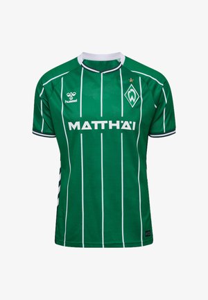 Maglia da calcio verde con strisce verticali bianche, colletto rotondo bianco e maniche corte. Presenta il logo e il nome del marchio sul davanti.