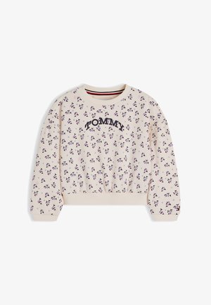 Kremowa bluza z małym różowo-czarnym wzorem kwiatowym, napisem "TOMMY" na piersi, ściągaczami przy rękawach i u dołu oraz okrągłym kołnierzem.