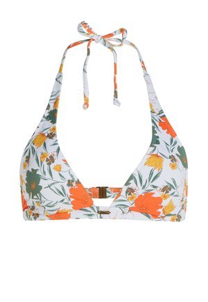 Top de bikini alb cu flori, cu accente portocalii și verzi, cu un design tip halter, curele reglabile cu șnur și închidere cu o cataramă aurie.