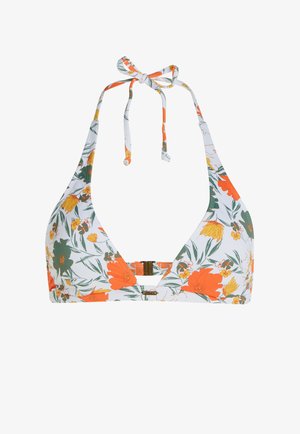 Haut de bikini floral blanc avec des accents orange et vert, design à col halter, bretelles ajustables à nouer et fermeture à clip en or.