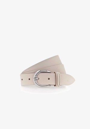 Cream-colored leather belt with a polished silver oval buckle, rolled up on a white background.