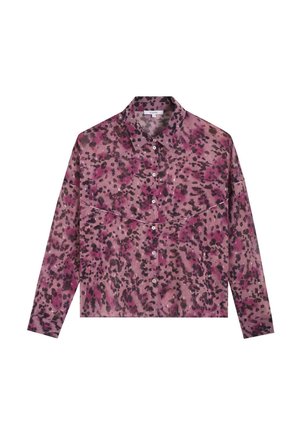 Camisa de manga larga con botones, estampado abstracto de manchas en rosa y negro, y cuello puntiagudo, mostrada sobre un fondo blanco.