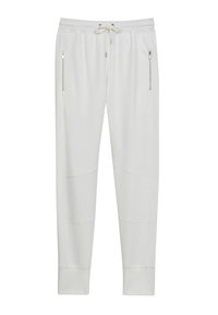 Weiße Jogginghose aus weichem Stoff, mit seitlichen Reißverschlusstaschen, einem elastischen Bund mit Kordelzug und gerippten Bündchen.