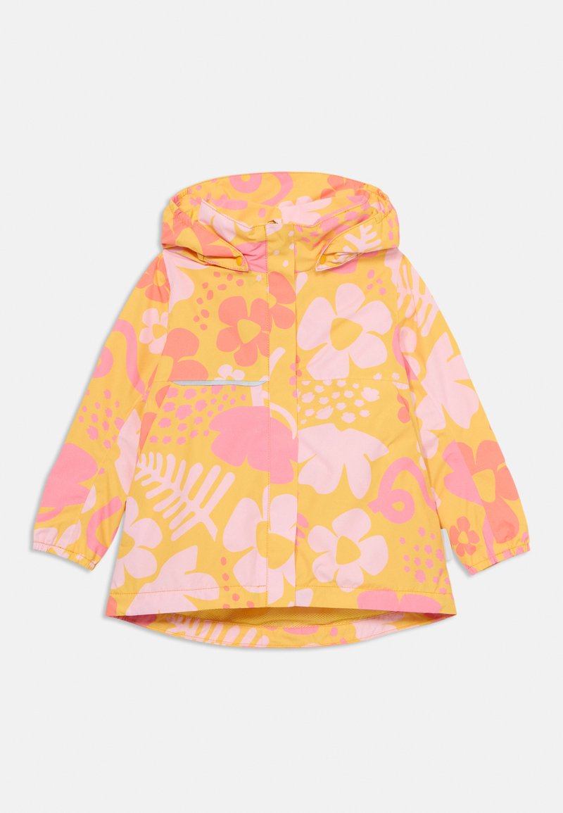 Regenjacke in Gelb mit großen pinken Blumenmustern. Sie hat eine Kapuze, lange Ärmel und einen geraden Schnitt mit einem Frontverschluss.