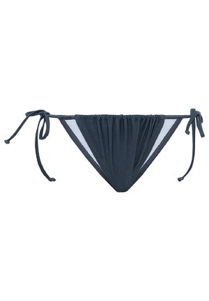 Parte inferior de bikini azul marino con lazos ajustables en los lados, textura fruncida en la cintura y acentos de tela blanca contrastante a los lados.