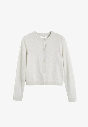 Hellgraue Wollstrickjacke mit Rundhalsausschnitt, langen Ärmeln, durchgehender Knopfleiste sowie gerippten Bündchen und Saum. Weiche Textur mit figurbetontem Schnitt.