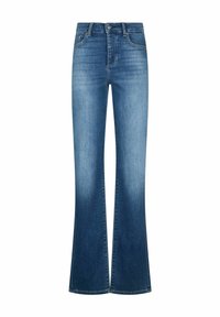 Hele sinised laieneva lõikega teksad, valmistatud teksariidest, kõrge vöökohaga, viie taskuga ja õrnalt tuhmenevate reiteosadega, tikanddetailidega.