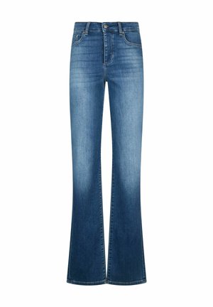 Gaiši zili izplesti džinsi no džinsa auduma ar augstu jostasvietu, piecām kabatām un smalku izbalēšanu augšstilbos, ar šūšanas detaļām.