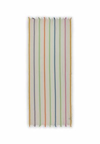 Couverture en coton avec des rayures multicolores (orange, vert, violet, bleu, rose) sur un fond blanc, finie par des franges et des accents jaunes.