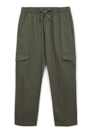 Pantaloni cargo verde oliva con vita elastica, coulisse, tasche laterali e due grandi tasche a soffietto sulle cosce. Tessuto morbido.