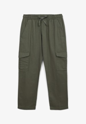 Pantaloni cargo verde oliva con vita elastica, coulisse, tasche laterali e due grandi tasche a soffietto sulle cosce. Tessuto morbido.