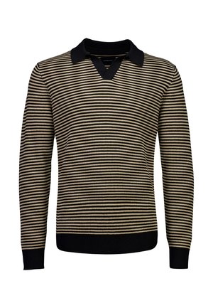 Sort og beige langærmet sweater med horisontale striber, sort krave samt ribstrikkede manchetter og linning.