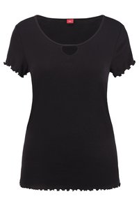 Black T-shirt made of soft fabric, features a scoop neckline with a keyhole detail, short ruffled sleeves, and a straight hem.