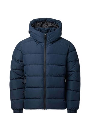 Veste d'hiver matelassée bleu marine avec capuche, fermeture éclair à l'avant, poches latérales et poignets élastiques aux longues manches.