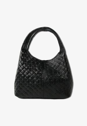 Black leather handbag with a woven texture, rounded shape, and hobo-style handle. Features a slightly glossy finish and no visible hardware.