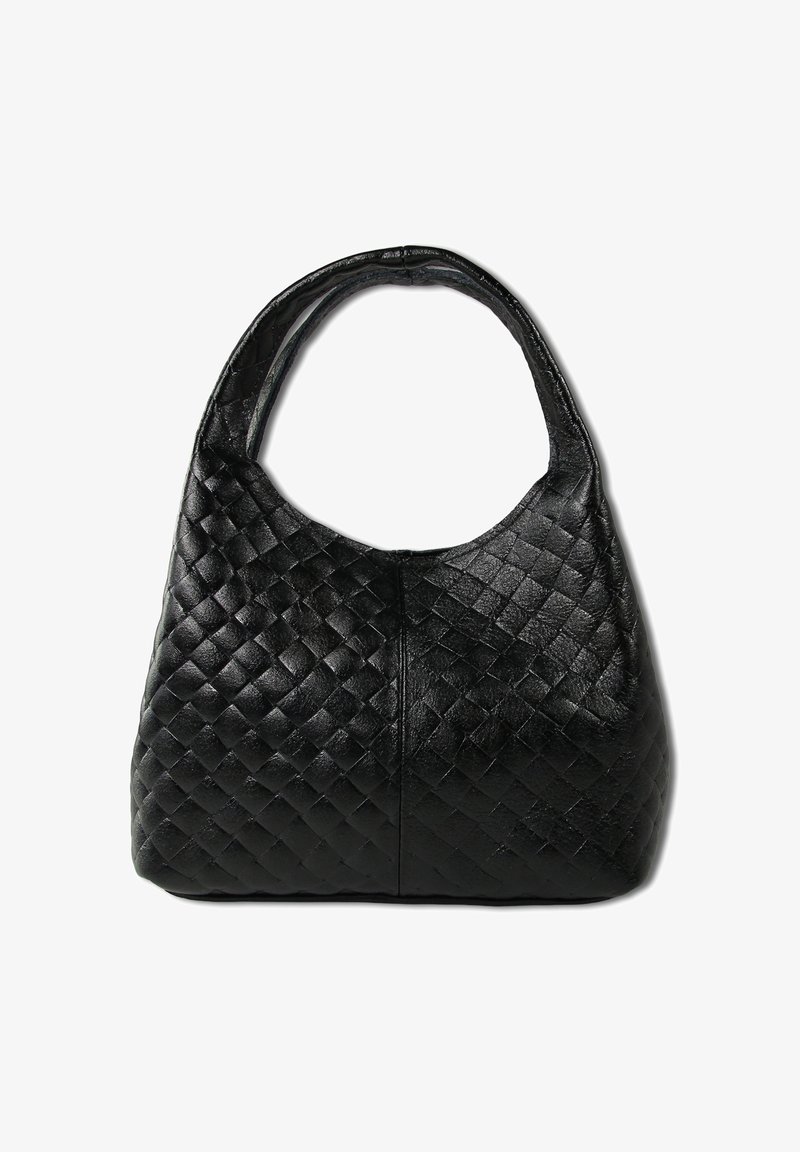 Zwarte leren handtas met een geweven textuur, ronde vorm en hobo-stijl hengsel. Heeft een lichtglanzende afwerking en geen zichtbare hardware.