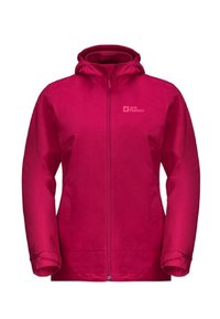 Růžová nepromokavá bunda se zipem, nastavitelnou kapucí a logem na levé straně hrudi. Má pružné manžety a volný střih.