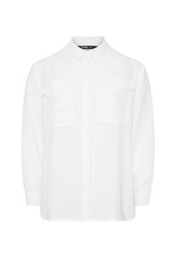Camicia bianca con bottoni realizzata in tessuto leggero, dotata di colletto, maniche lunghe e due tasche sul petto. Design semplice e uniforme.