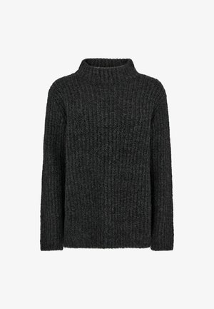 Temno siva rebrasta pletena jopica z dolgimi rokavi in kratkim ovratnikom, prikazana na beli podlagi.