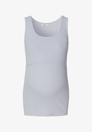 Lys blå graviditetstop lavet af ribbet stof. Har en rund halsudskæring og en tætsiddende form, designet til komfort under graviditeten.