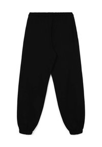 Schwarze Jogginghosen aus weichem Stoff mit elastischem Bund, schmal zulaufenden Beinen und Bündchen an den Knöcheln. Ohne Muster oder Verzierungen.