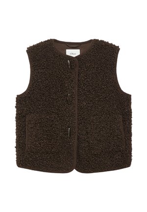 Bruine mouwloze gilet van gestructureerde fleece stof, ronde halslijn, knoppen met sluiting aan de voorkant en twee voorzakken.