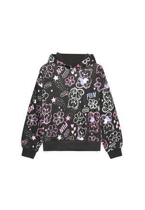 Czarna bluza z kapturem z różowymi i białymi misiami, kwiatami, serduszkami, gwiazdkami oraz słowami "fun" i "cutie" nadrukowanymi na całej powierzchni.
