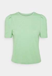 Light green short-sleeved t-shirt made of soft cotton, featuring a round neckline and gathered detailing on the shoulder seams.
