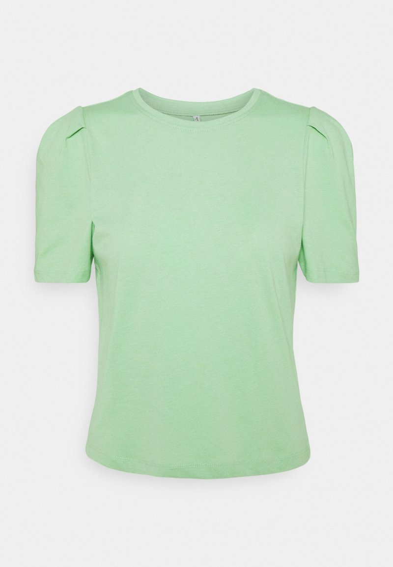 Light green short-sleeved t-shirt made of soft cotton, featuring a round neckline and gathered detailing on the shoulder seams.
