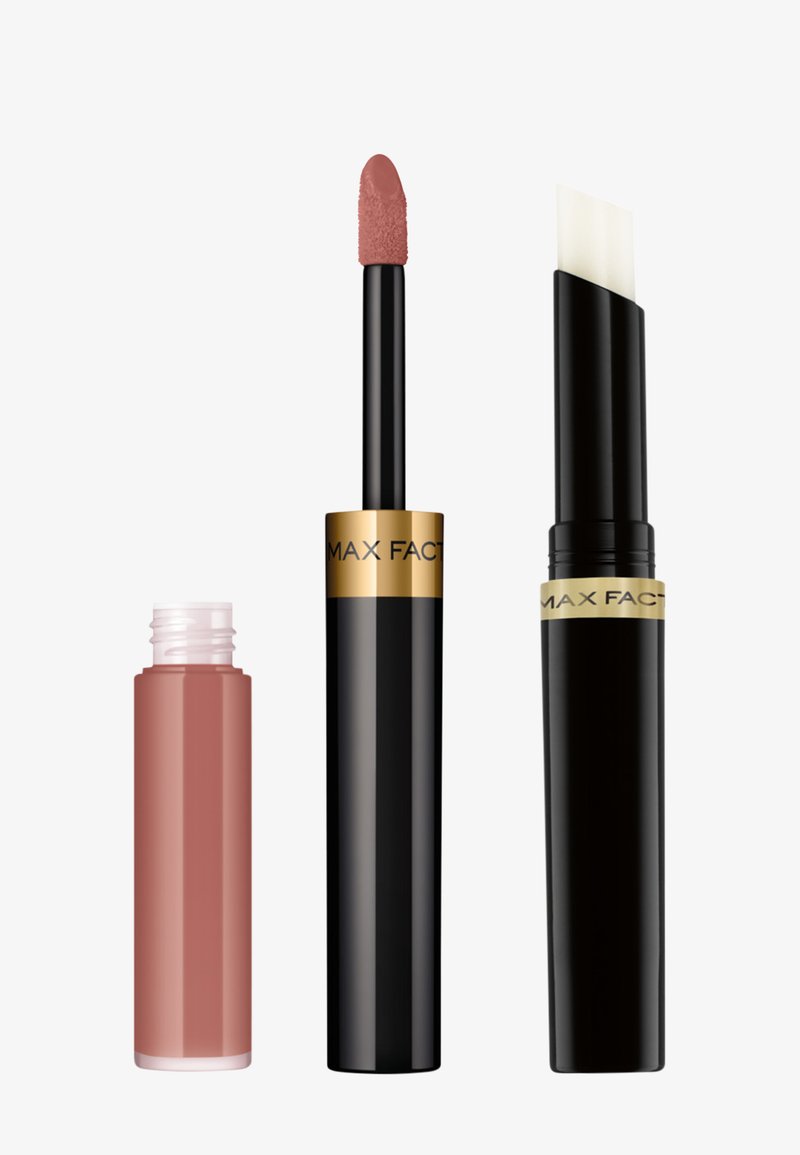 Trio di prodotti labbra Max Factor: un rossetto liquido rosato con applicatore a spugna, un rossetto trasparente in un tubo nero e un elegante tappo nero.