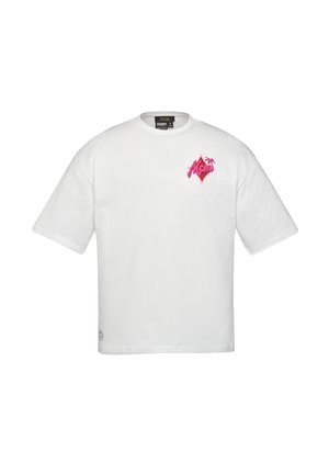 Witte katoenen t-shirt met korte mouwen, voorzien van een roze diamantvormig logo met "MCM" en een palmboomaccent op de linkerborst.