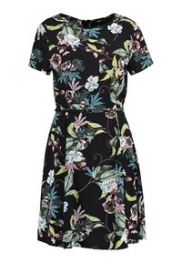 Vestido negro de manga corta con cintura ajustada, que presenta un colorido patrón floral en rosa, blanco y azul, con hojas verdes y una falda acampanada.