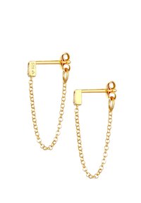 Ohrringe in Goldton mit einem rechteckigen Rücken und einer Kettenverbindung zu einem runden Stecker. Das Design ist modern und minimalistisch.