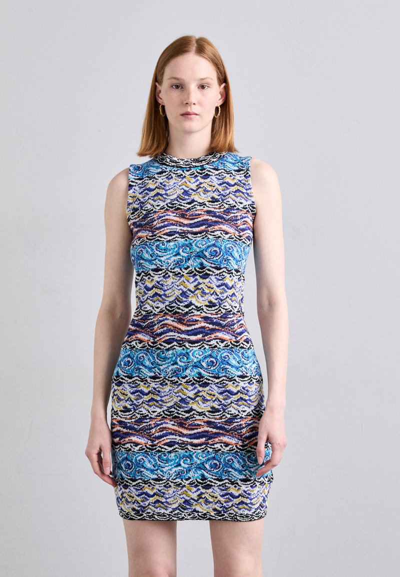 Sleeveless bodycon dress in multicolored wave pattern featuring blue, black, and orange hues with textured fabric and a round neckline.