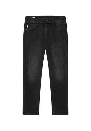 Jeans in denim nero con vestibilità slim, design a cinque tasche e chiusura con bottone. Presentano una leggera lucentezza e una leggera scoloritura sul tessuto.