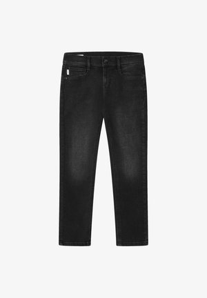 Mustad denim teksad kitsaste lõike, viie taskuga disain ja nupu sulgemisega. Omab kerget läiget ja väikest fadingut kangal.