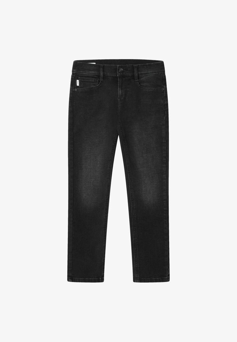 Melnas džinsu bikses ar šauru piegriezumu, piecu kabatu dizainu un pogu aizdari. Iezīmējas ar nelielu spīdumu un nelielu izbalēšanu audumam.