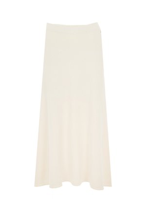 Falda de punto color crema con cinturilla elástica, forma en A y textura suave, con sutiles motas de tonos más claros.