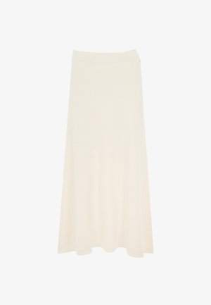Falda de punto color crema con cinturilla elástica, forma en A y textura suave, con sutiles motas de tonos más claros.