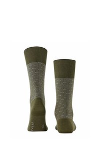 Calzini verde oliva con bordo a costine e motivo geometrico grigio; realizzati in un materiale morbido per il massimo comfort; includono tallone e punta rinforzati.