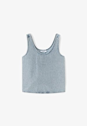 Top fără mâneci din denim albastru deschis, cu decolteu rotund și tiv drept, așezat plat pe un fundal alb.