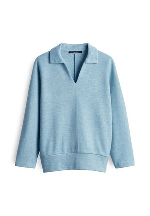 Pullover azzurro chiaro a maniche lunghe con scollatura a V ampia e un colletto morbido, realizzato in un tessuto a maglia testurizzato.