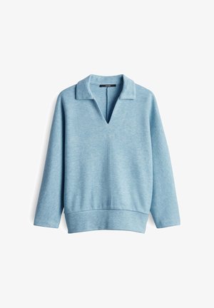 Lichtblauwe lange mouwen pullover met een brede V-hals en een zachte kraag, gemaakt van een gestructureerde breiselstof.