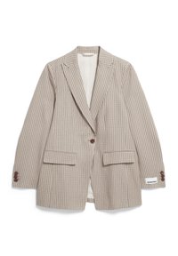 Beige and brown checkered blazer with notched lapels, two front pockets, single button closure, and three-button cuffs. Lined interior.