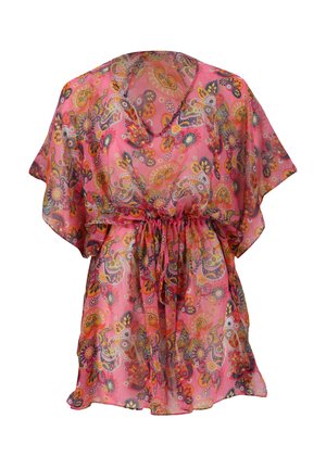 Tunique courte rose transparente avec des motifs cachemire et floraux colorés, manches larges et lien coulissant à la taille.