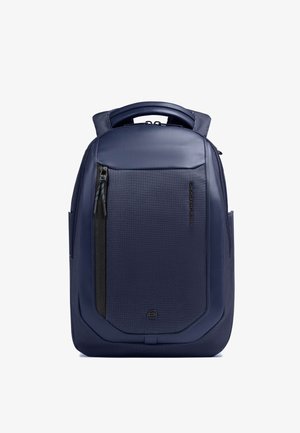 Marineblauer Rucksack mit gepolstertem Griff, vertikalem Front-Reißverschlussfach, strukturiertem Panel und kompakter rechteckiger Form.