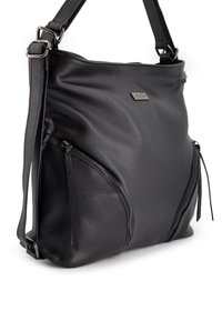Black leather handbag with a textured surface, featuring two zippered front pockets, adjustable shoulder strap, and a branded metal accent.