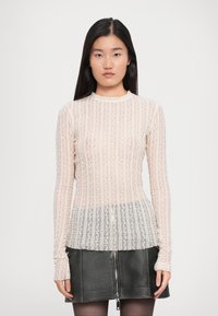 Top trasparente a maniche lunghe con motivo in pizzo floreale, di colore rosa chiaro e design aderente. Abbinato a una gonna scura con zip.