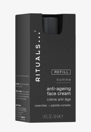 Sort påfyldningsæske med Rituals homme anti-aldrings ansigtscreme med ceramider og peptidkompleks, 50 ml, delvist åben top.